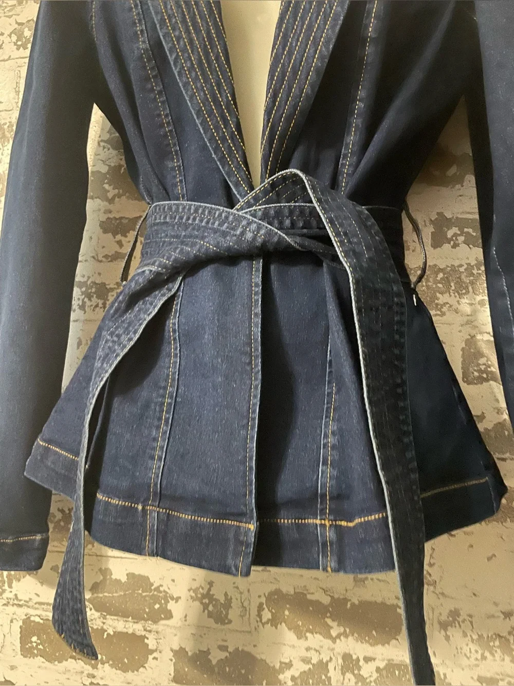 VENUS Dark Wash Denim Wrap Jacket Belted Blazer Size Small